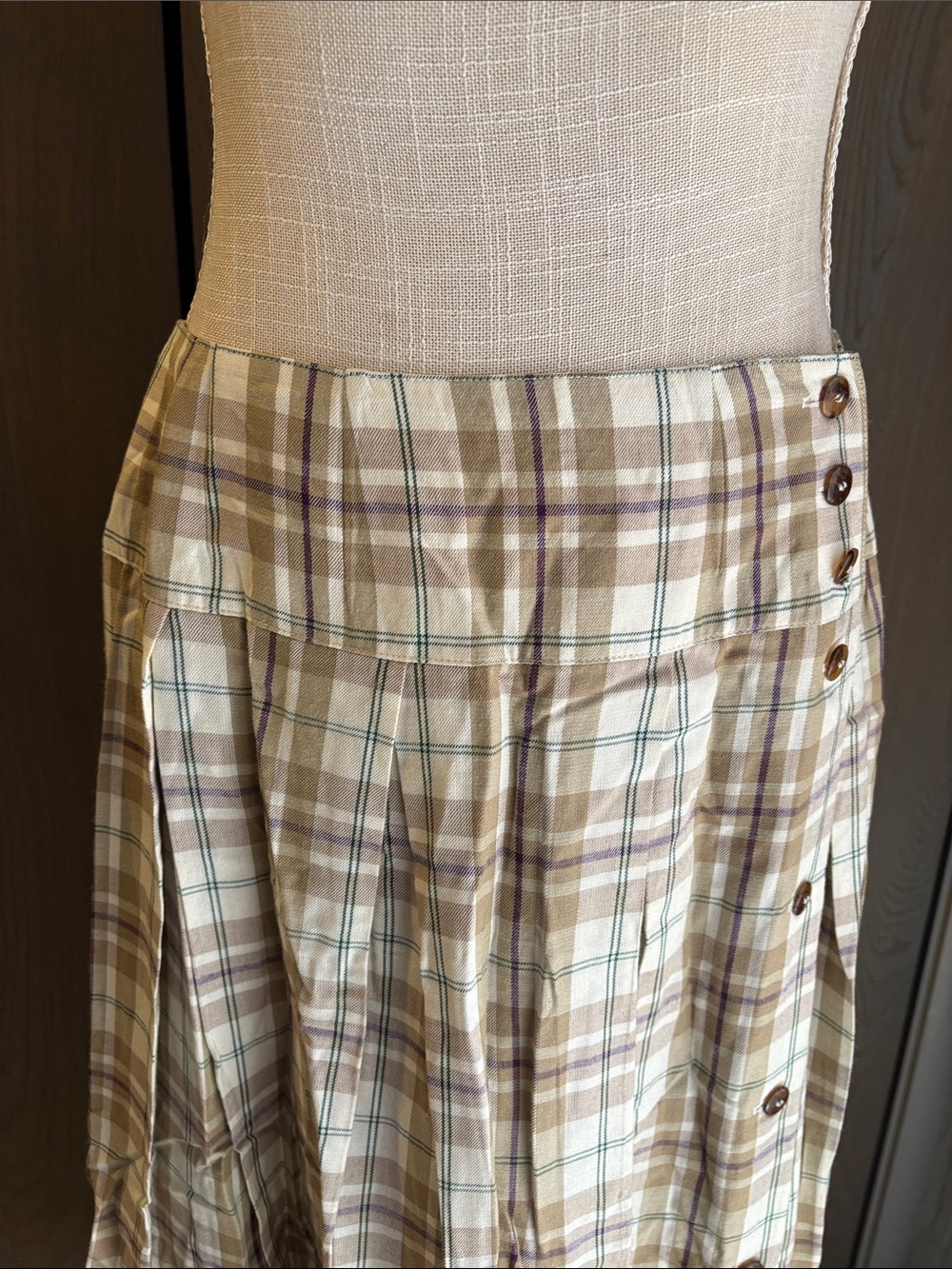 Vintage Liz Claiborne Plaid Pleated Maxi Skirt Buttons Rayon Wool 90s - Picture 3 of 5